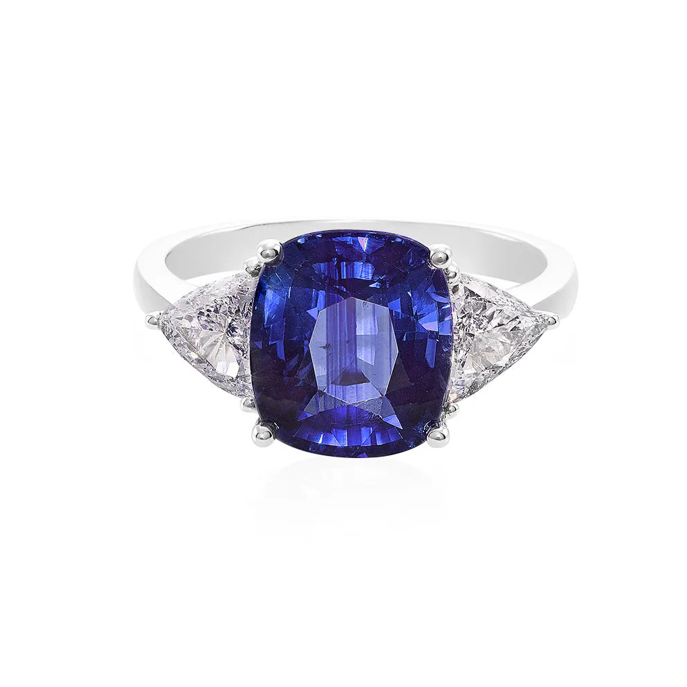 Certified 4.82ct Cushion Cut Natural Blue Sapphire and Triangle Cut Diamond Ring in White Gold