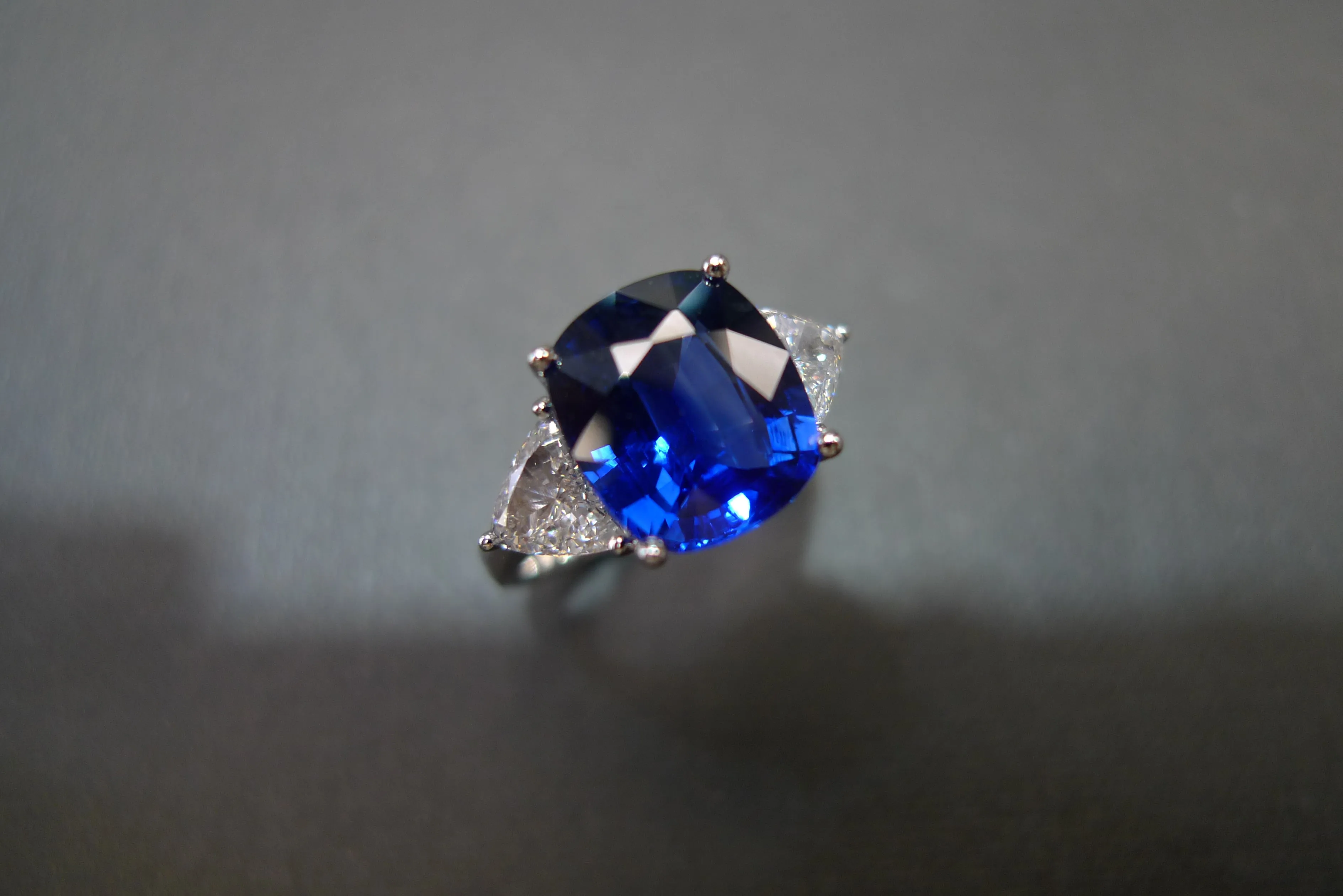 Certified 4.82ct Cushion Cut Natural Blue Sapphire and Triangle Cut Diamond Ring in White Gold