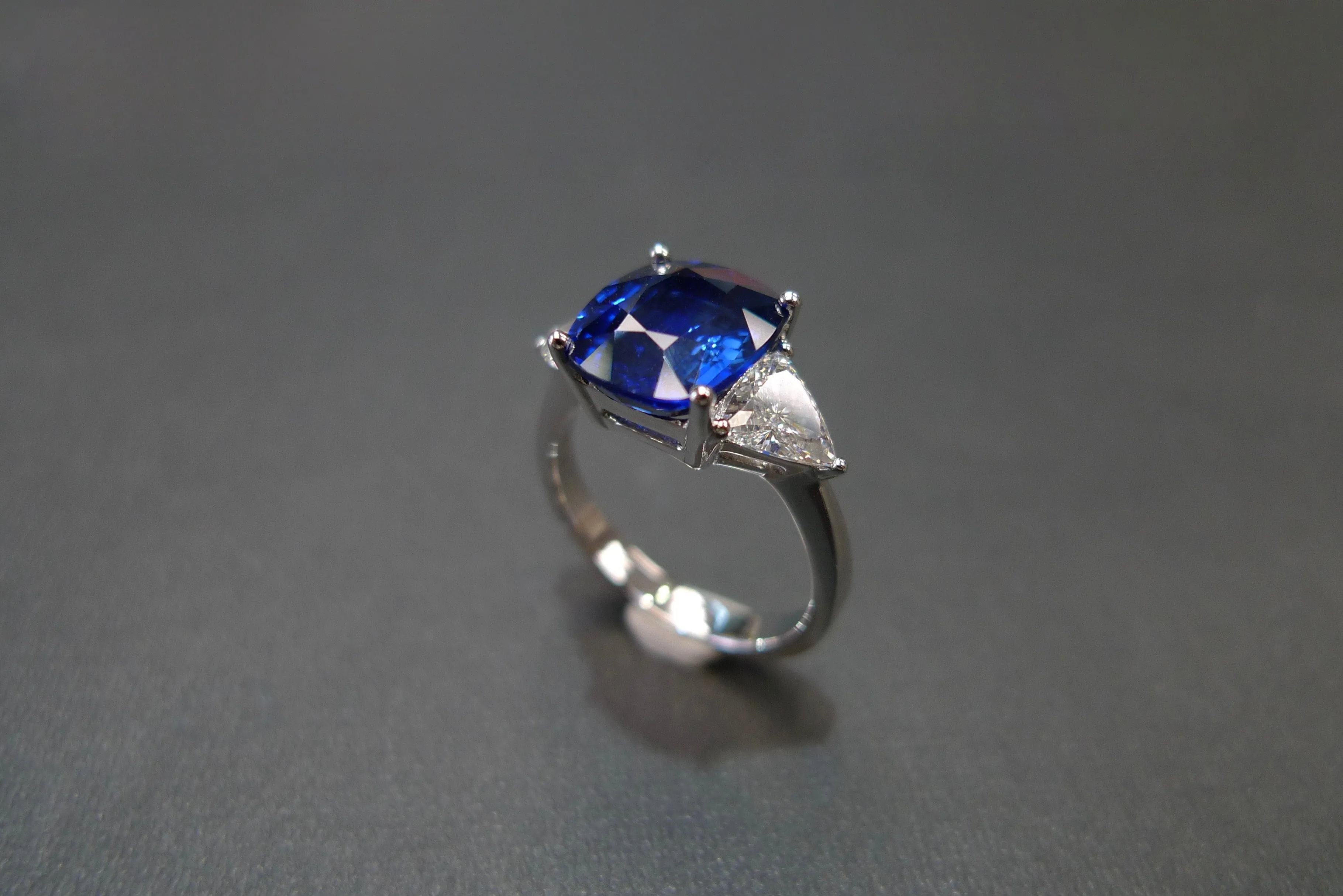 Certified 4.82ct Cushion Cut Natural Blue Sapphire and Triangle Cut Diamond Ring in White Gold