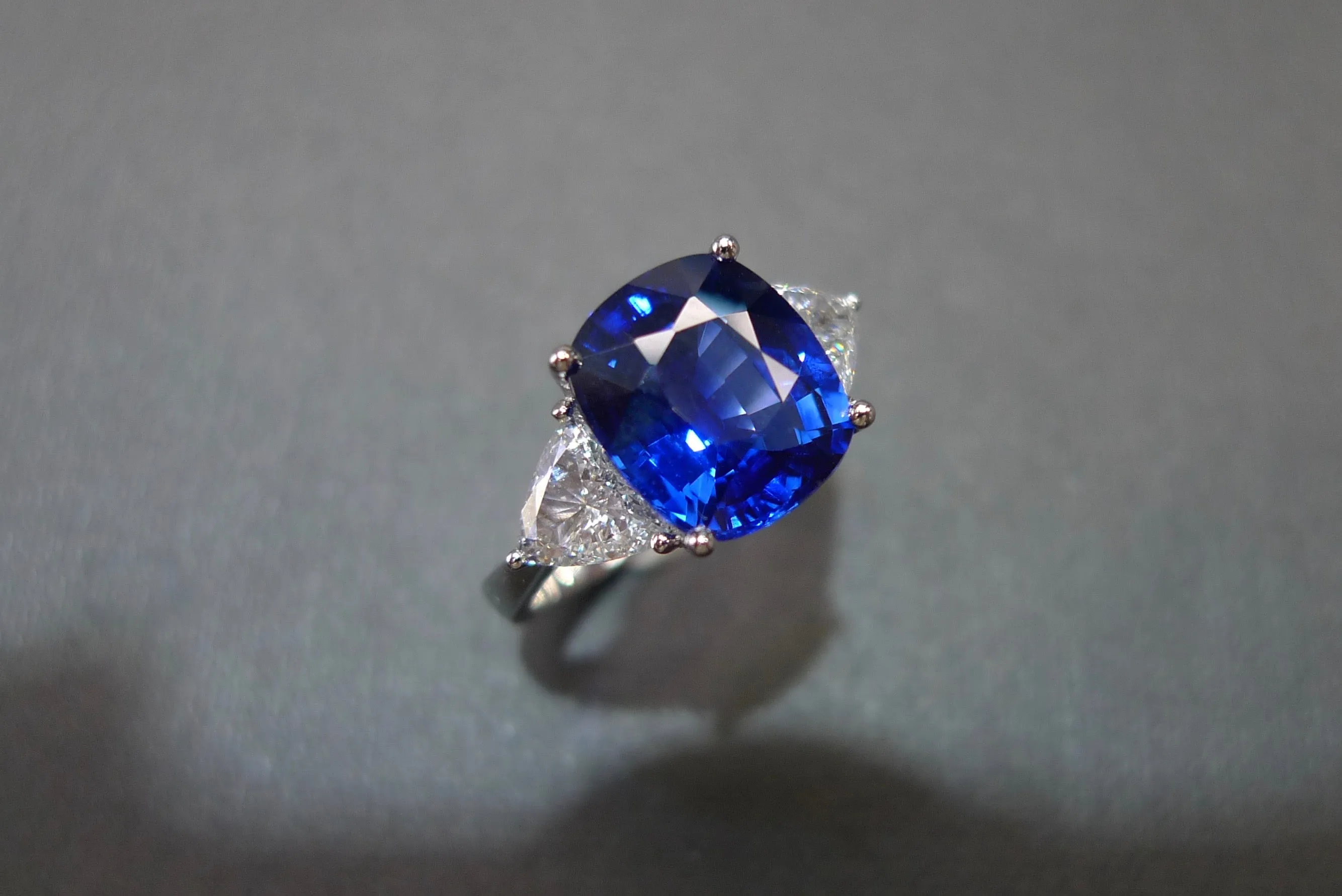 Certified 4.82ct Cushion Cut Natural Blue Sapphire and Triangle Cut Diamond Ring in White Gold