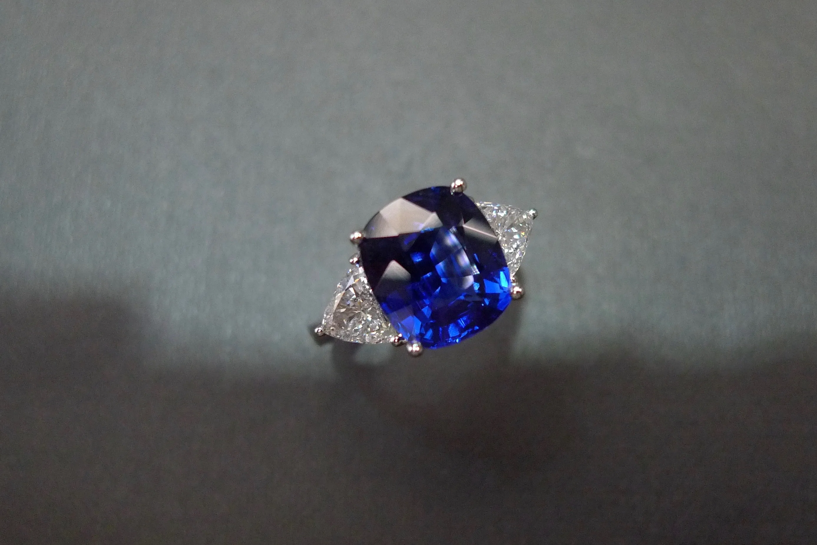 Certified 4.82ct Cushion Cut Natural Blue Sapphire and Triangle Cut Diamond Ring in White Gold