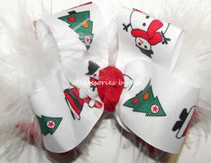 Christmas Santa Tree Snowman Marabou Hair Bow