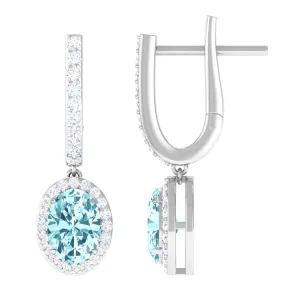 Classic Oval Cut Aquamarine and Diamond Hoop Drop Earrings