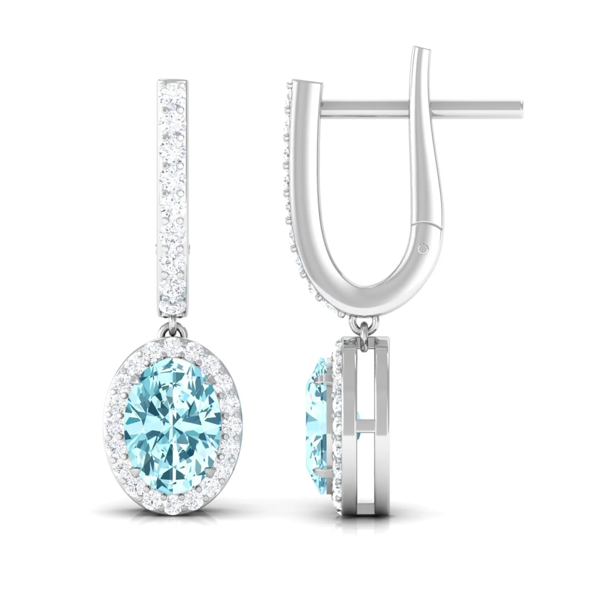 Classic Oval Cut Aquamarine and Diamond Hoop Drop Earrings