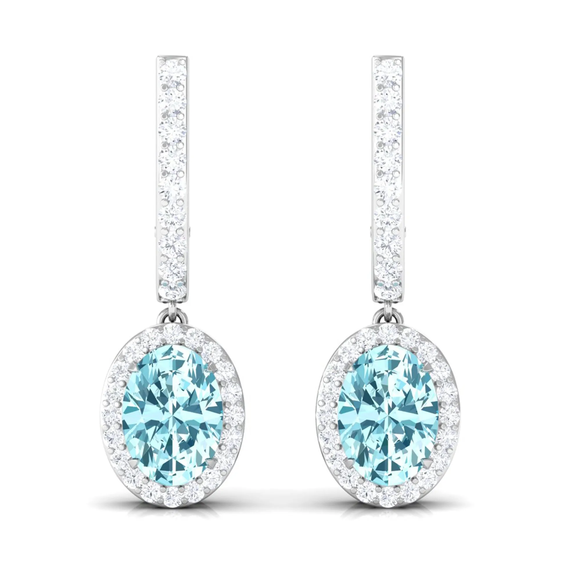 Classic Oval Cut Aquamarine and Diamond Hoop Drop Earrings