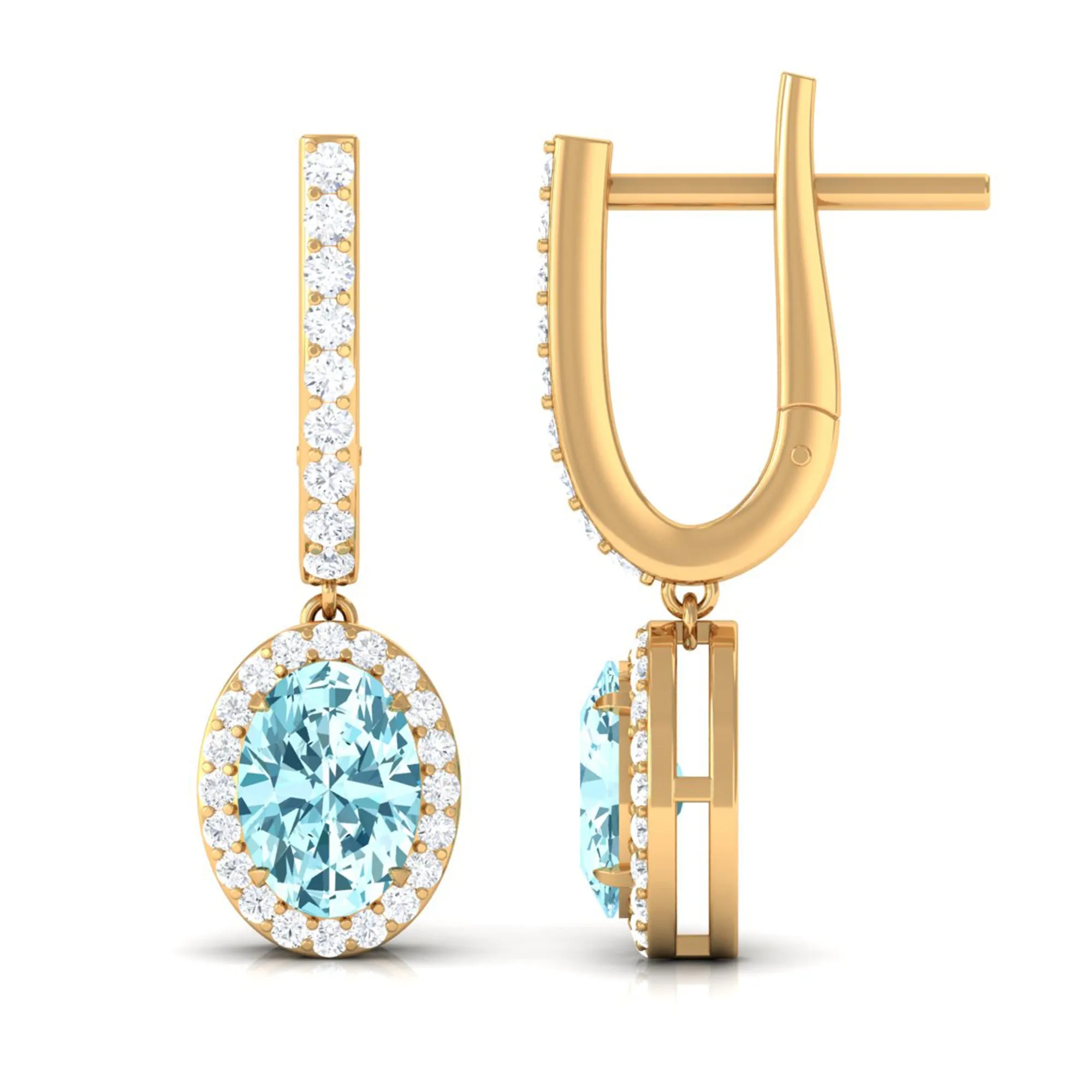 Classic Oval Cut Aquamarine and Diamond Hoop Drop Earrings