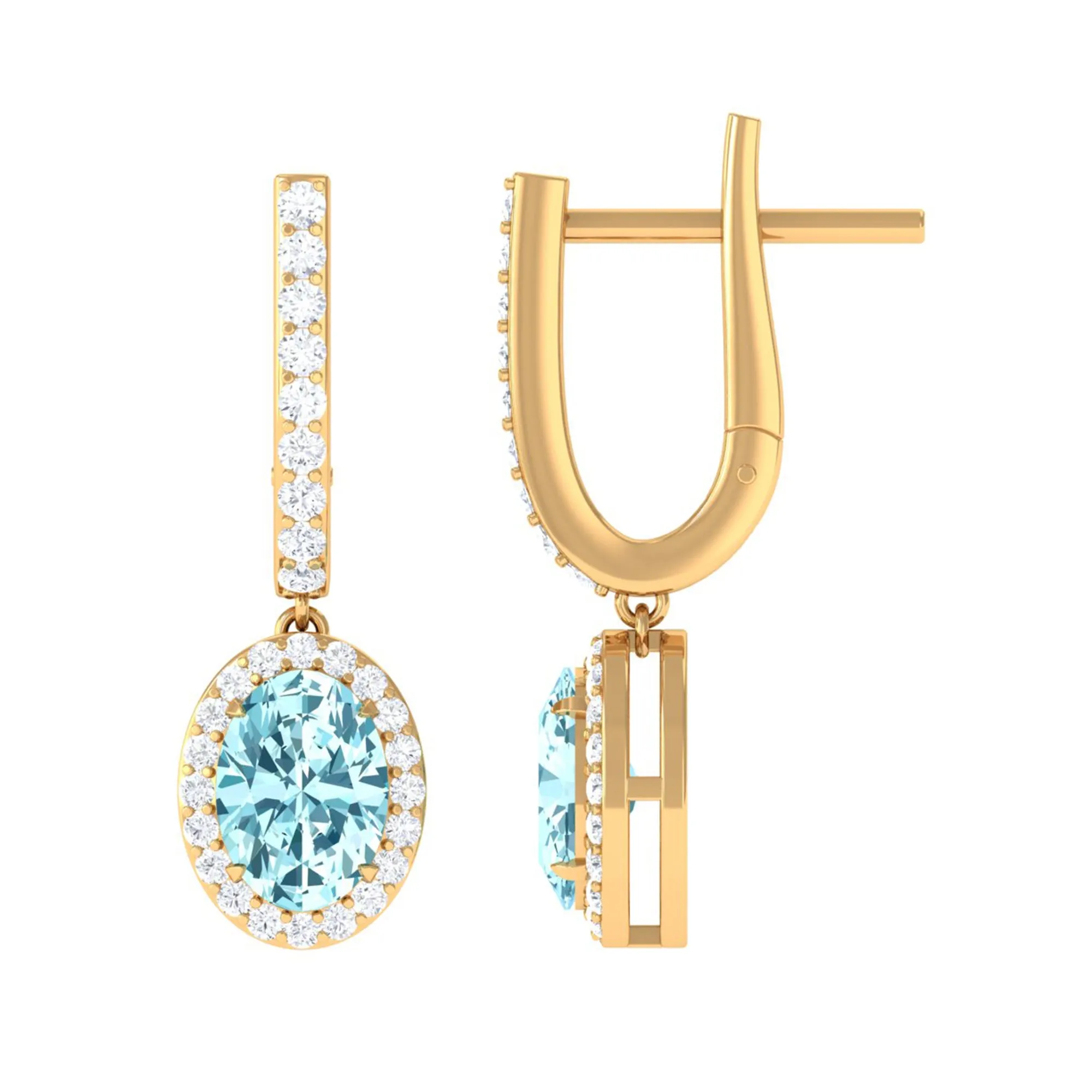 Classic Oval Cut Aquamarine and Diamond Hoop Drop Earrings