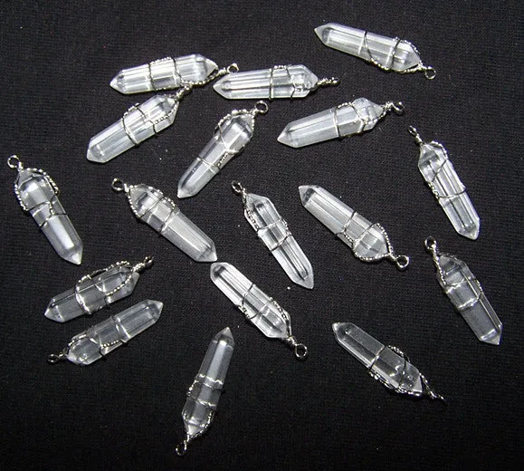 CLEAR QUARTZ  WIRE WRAPPED CRYSTAL CUT STONE PENDANTS ( sold by the piece, dozen )