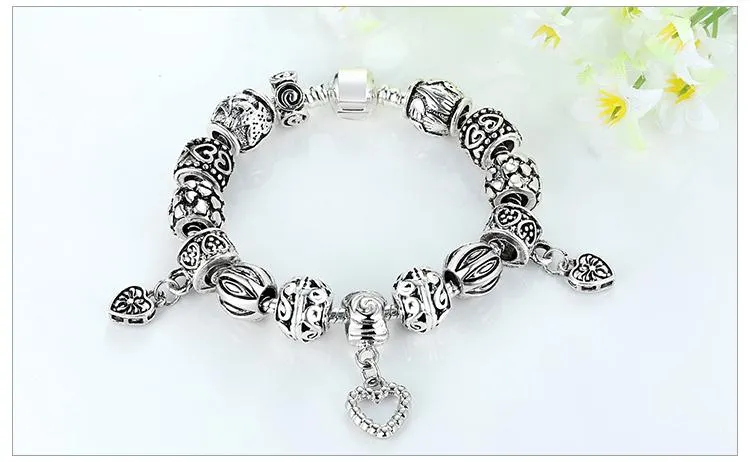 Cupid's Cutey 925 Silver Heart Charms Beaded Bracelet