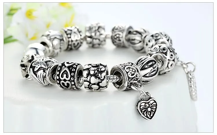 Cupid's Cutey 925 Silver Heart Charms Beaded Bracelet