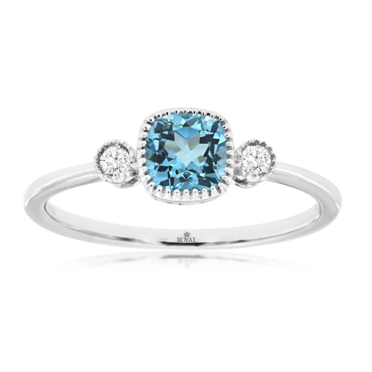 Cushion Cut Swiss Blue Topaz and Round Diamond Three Stone Ring in White Gold