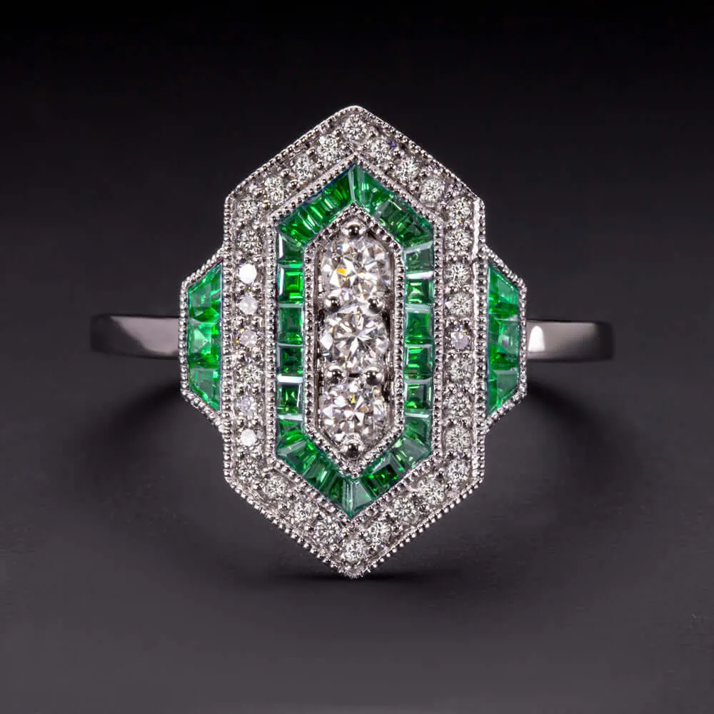 DIAMOND EMERALD VINTAGE STYLE RING ART DECO GEOMETRIC COCKTAIL ANTIQUE NATURAL