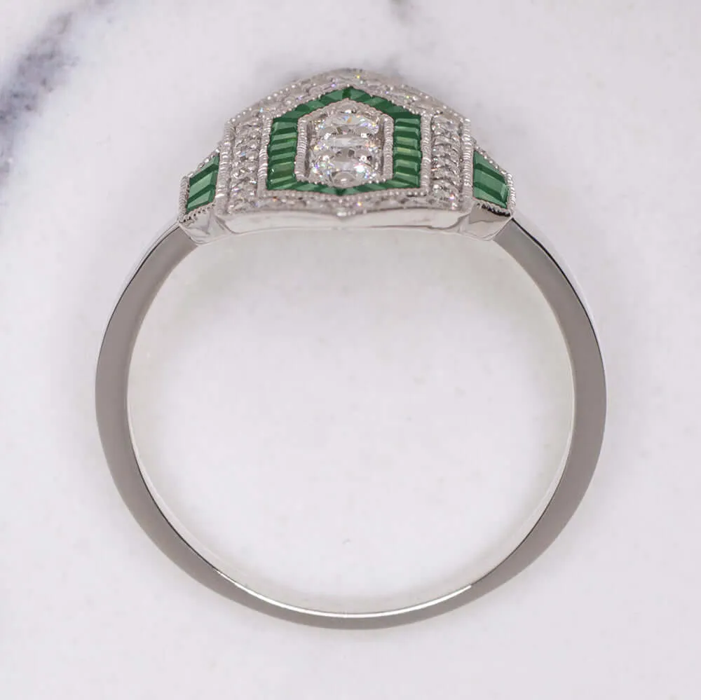 DIAMOND EMERALD VINTAGE STYLE RING ART DECO GEOMETRIC COCKTAIL ANTIQUE NATURAL