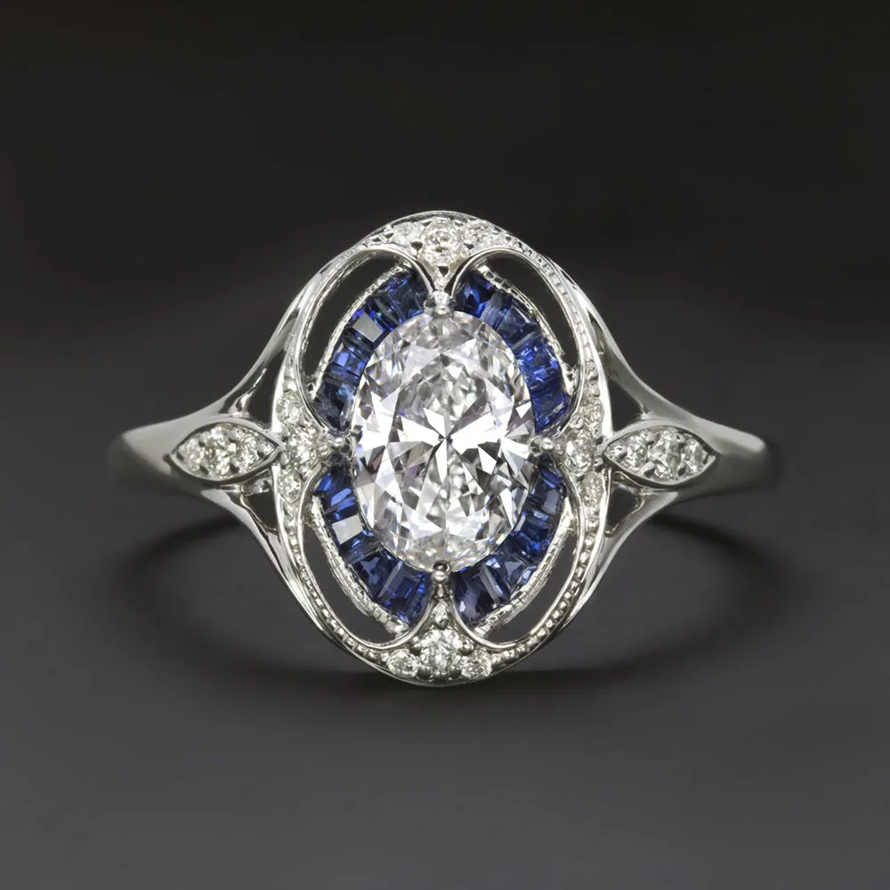 DIAMOND SAPPHIRE ENGAGEMENT RING ART DECO VINTAGE STYLE OVAL SHAPE TARGET HALO