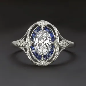 DIAMOND SAPPHIRE ENGAGEMENT RING ART DECO VINTAGE STYLE OVAL SHAPE TARGET HALO