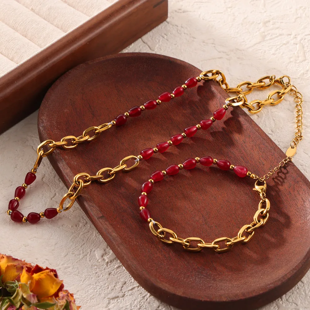 Elegant Chinese Red Agate and Garnet Jewelry Set with Titanium Steel Gold-Plating