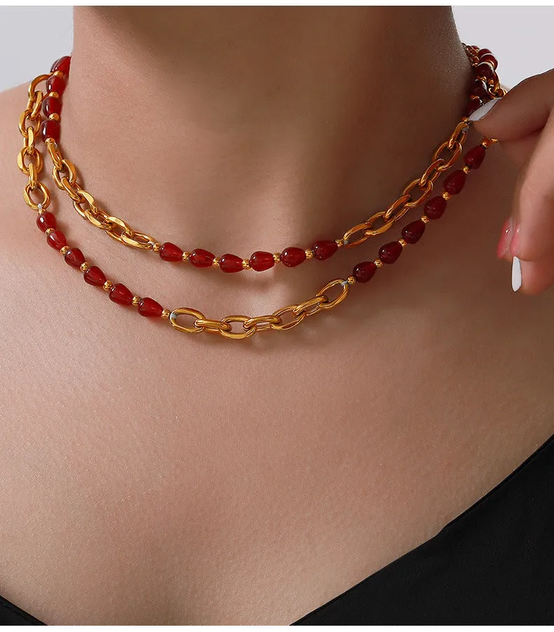 Elegant Chinese Red Agate and Garnet Jewelry Set with Titanium Steel Gold-Plating