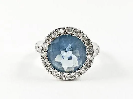 Elegant Fine Round Shape & Cut Halo Design Center Aquamarine CZ Silver Ring