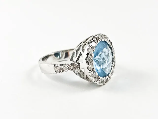 Elegant Fine Round Shape & Cut Halo Design Center Aquamarine CZ Silver Ring