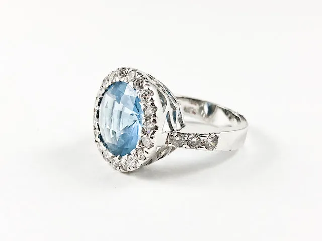 Elegant Fine Round Shape & Cut Halo Design Center Aquamarine CZ Silver Ring