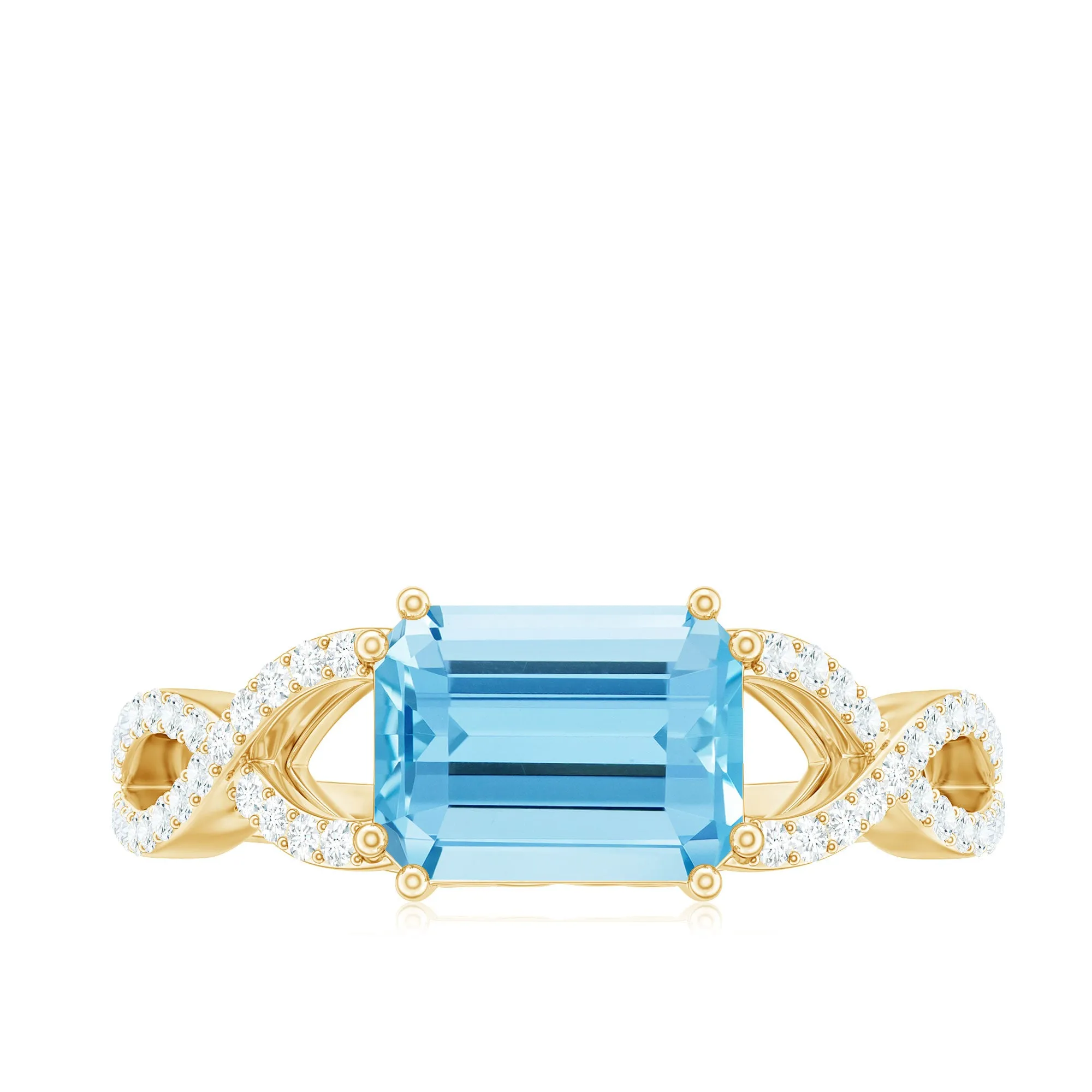 Emerald Cut Aquamarine East West Crossover Ring with Diamond