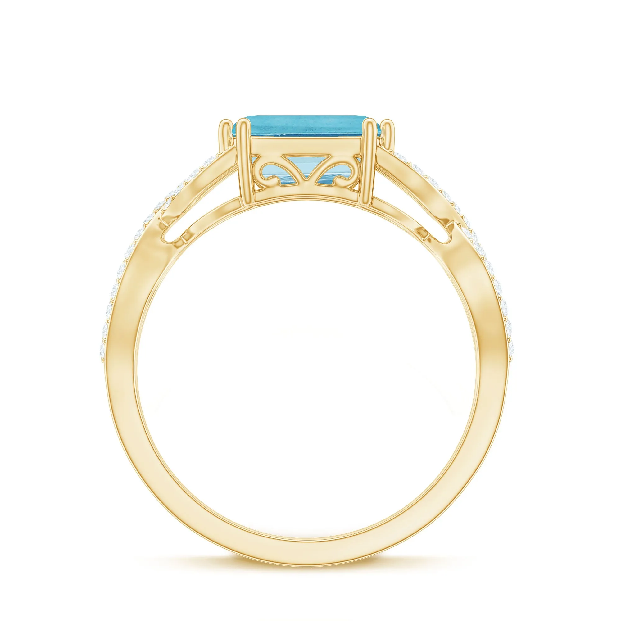 Emerald Cut Aquamarine East West Crossover Ring with Diamond