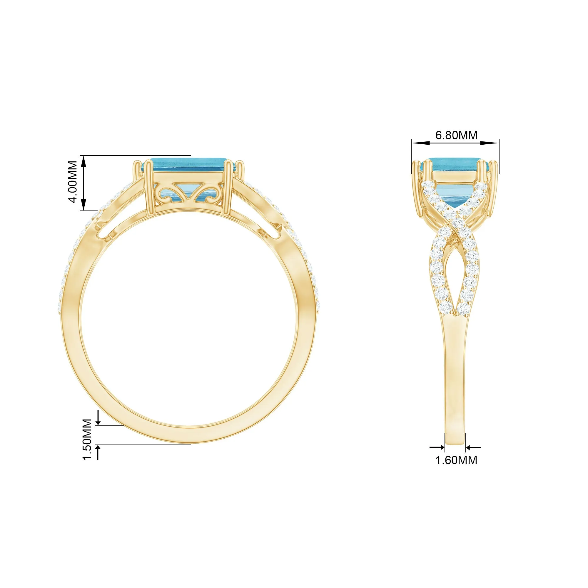 Emerald Cut Aquamarine East West Crossover Ring with Diamond