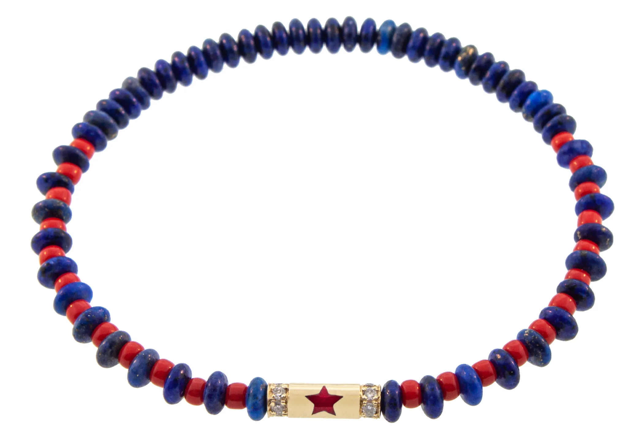 Enameled Star Slim Tube with Diamonds on Beaded Bracelet