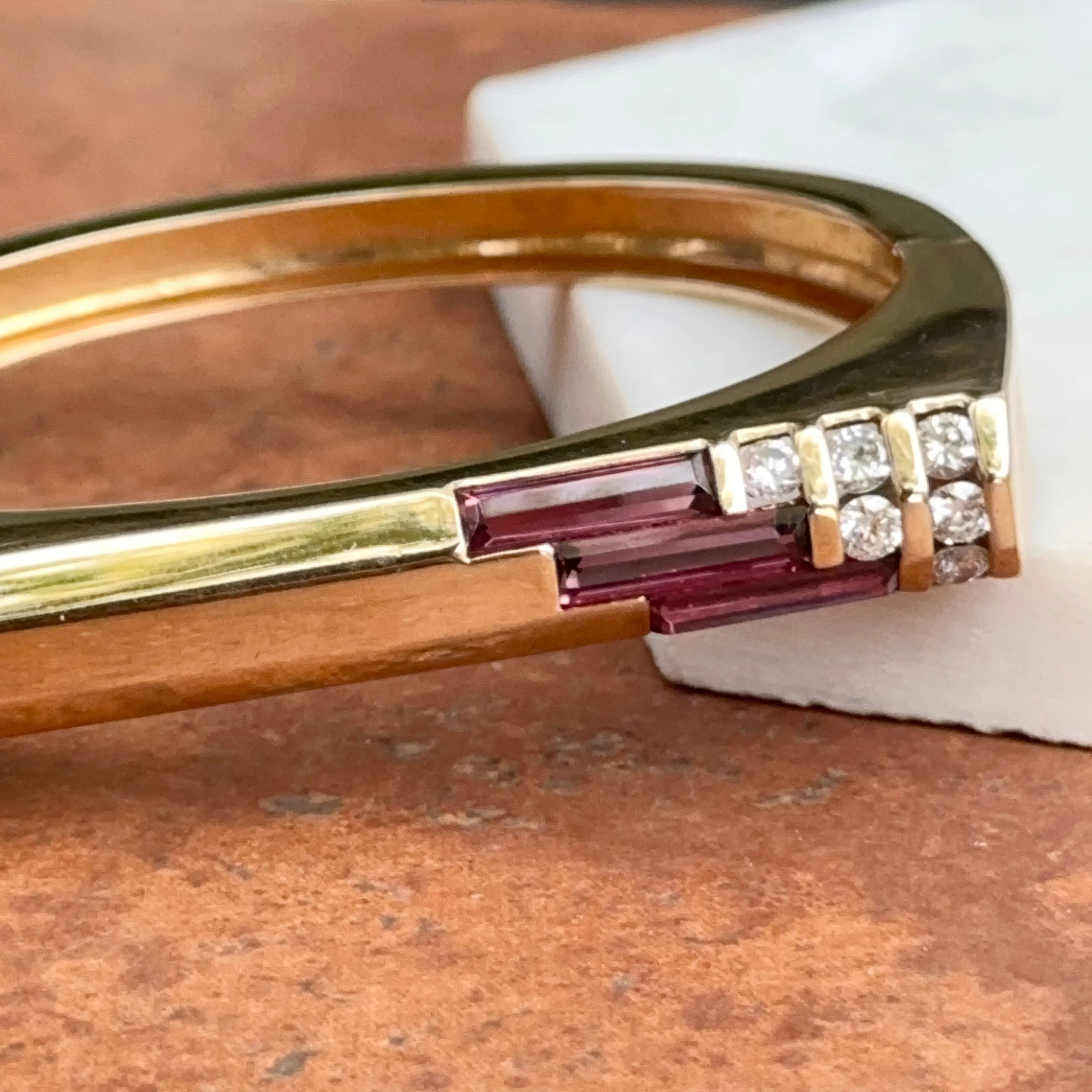 Estate Kabana 14KT Yellow Gold Rhodolite Garnet   Diamond Square Bangle Cuff Bracelet