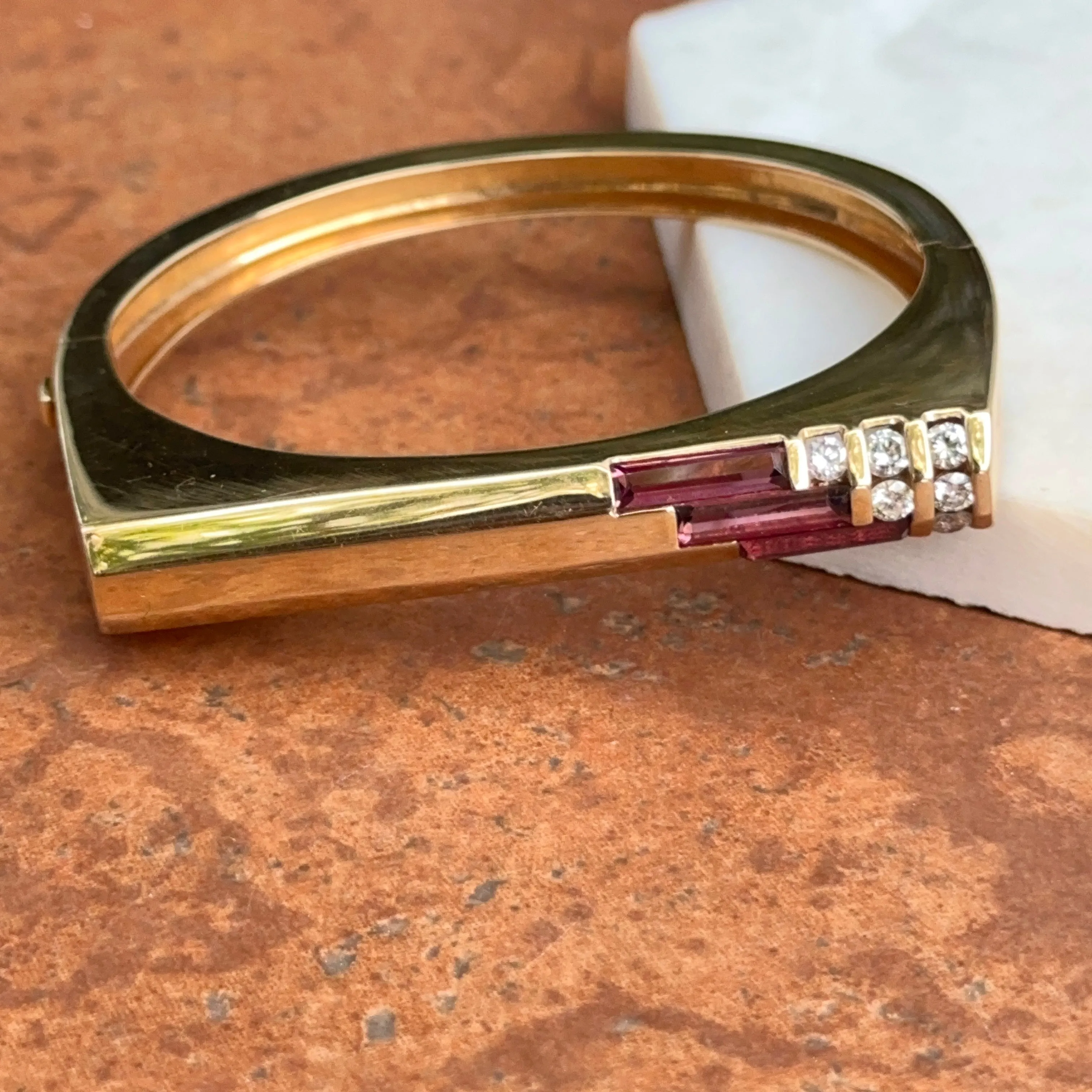 Estate Kabana 14KT Yellow Gold Rhodolite Garnet   Diamond Square Bangle Cuff Bracelet