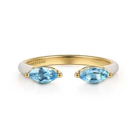 Gabriel & Co. Marquise Blue Topaz Open Stackable Ring in White Enamel and 14K Yellow Gold