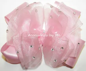 Glitzy Light Pink Organza Satin Hair Bow