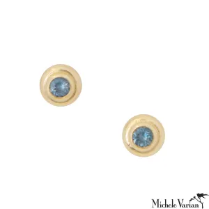 Gold Button Aquamarine Stud Earrings