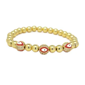 Gold Cubic Zirconia Evil Eye Beaded Stretch Bracelet