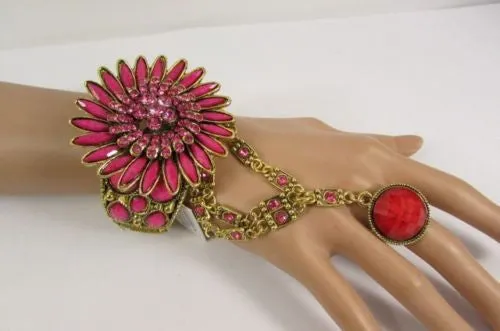 Gold Hand Chain Cuff Bracelet Big Round Ring Big Pink Green Purple Black Flower Beads