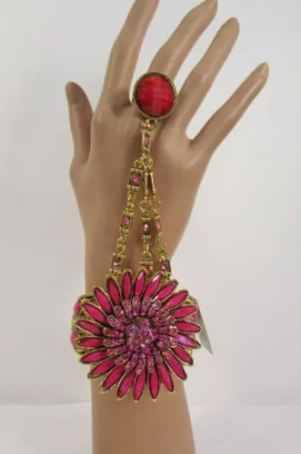 Gold Hand Chain Cuff Bracelet Big Round Ring Big Pink Green Purple Black Flower Beads