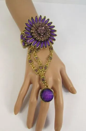 Gold Hand Chain Cuff Bracelet Big Round Ring Big Pink Green Purple Black Flower Beads