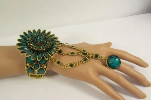 Gold Hand Chain Cuff Bracelet Big Round Ring Big Pink Green Purple Black Flower Beads