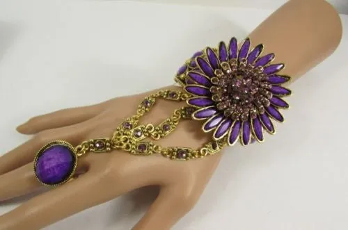 Gold Hand Chain Cuff Bracelet Big Round Ring Big Pink Green Purple Black Flower Beads