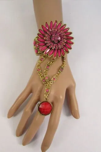 Gold Hand Chain Cuff Bracelet Big Round Ring Big Pink Green Purple Black Flower Beads