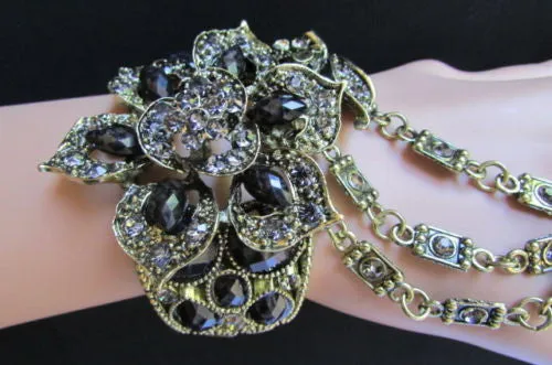 Gold Hand Chain Cuff Bracelet Big Round Ring Big Pink Green Purple Black Flower Beads