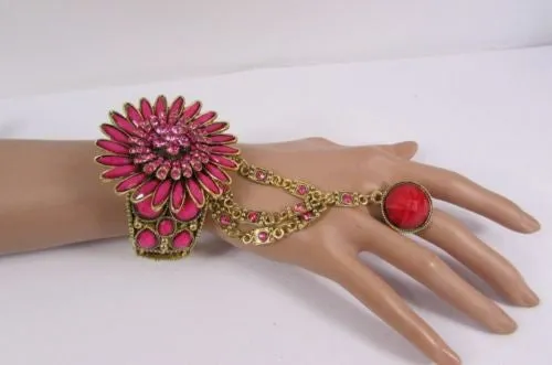 Gold Hand Chain Cuff Bracelet Big Round Ring Big Pink Green Purple Black Flower Beads