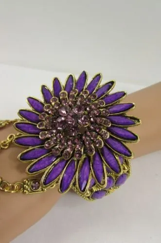 Gold Hand Chain Cuff Bracelet Big Round Ring Big Pink Green Purple Black Flower Beads