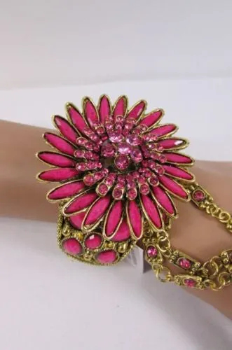 Gold Hand Chain Cuff Bracelet Big Round Ring Big Pink Green Purple Black Flower Beads