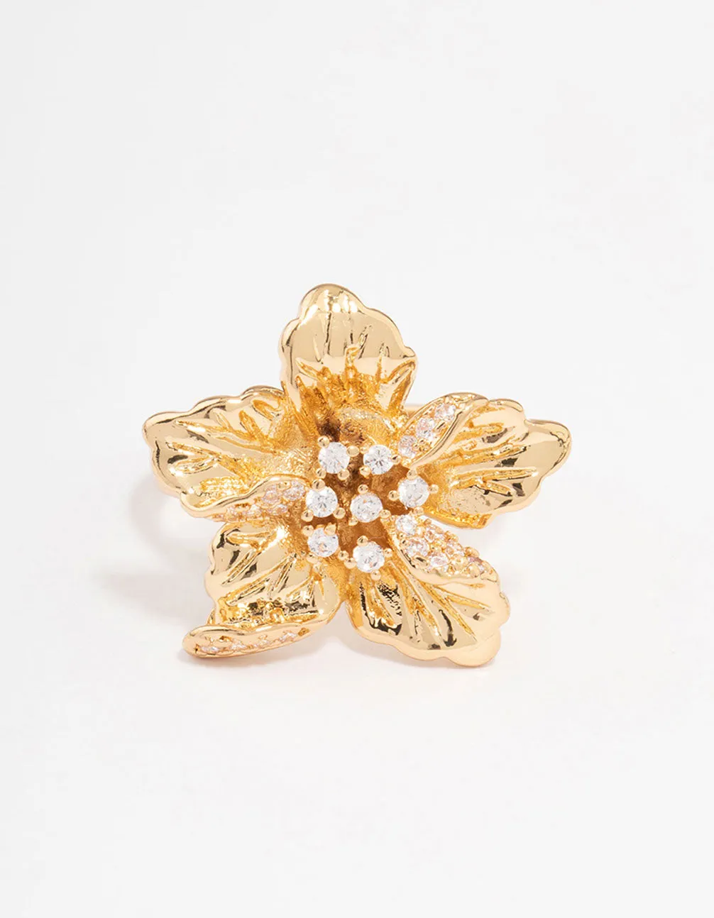 Gold Plated Cubic Zirconia Bling Flower Ring