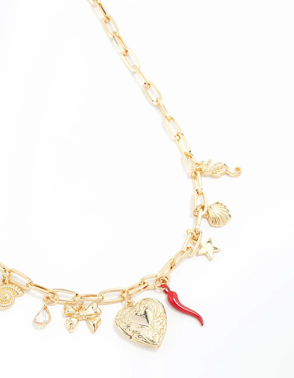 Gold Plated Heart Locket & Seahorse Charm Necklace