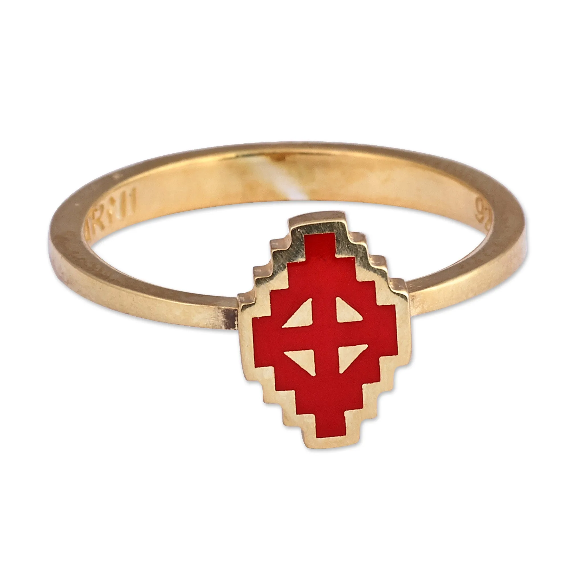 Hand-Painted Red 18k Gold-Plated Vishap Cocktail Ring - Vishap Passion | NOVICA