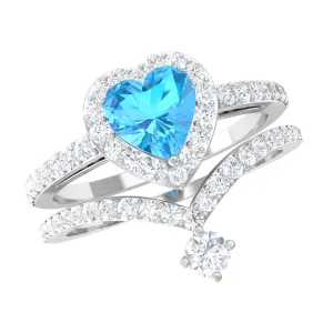 Heart Swiss Blue Topaz Ring Set with Moissanite