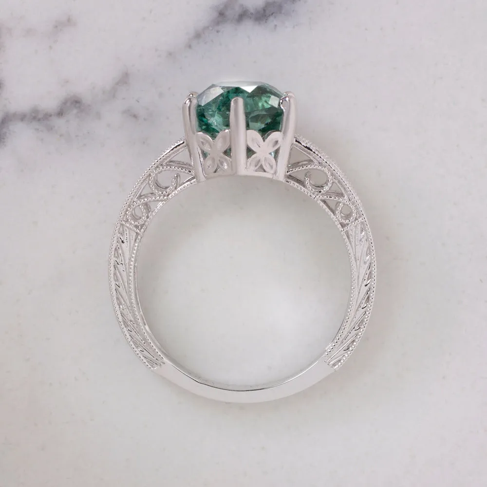 INDICOLITE TOURMALINE RING VINTAGE STYLE 14k WHITE GOLD NATURAL GREEN COCKTAIL