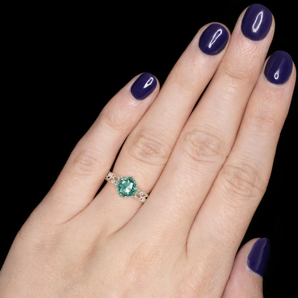 INDICOLITE TOURMALINE RING VINTAGE STYLE 14k WHITE GOLD NATURAL GREEN COCKTAIL